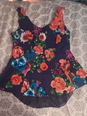 Floral Scoop-Neck Top - Navy with Pink & Blue Flowers